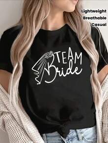 Camiseta ligera y transpirable de manga corta, con estampado 'Bride', perfecta para fiestas de bodas informales y celebraciones de despedida de soltera. - Negro - Ver 7