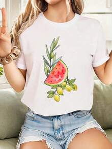 Women's 100% Cotton 180g Casual T-Shirt With Fruit Print - Geometric Watermelon Design, Breathable, Loose Fit, Crew Neck, Short Sleeve, Suitable For Casual Wear, Parties, Work And All Seasons (White/Black, Sizes S-XXL), Comfortable Fabric, Fun Design, Versatile Style For Everyday Wear, Durable - 白色 - 查看 1
