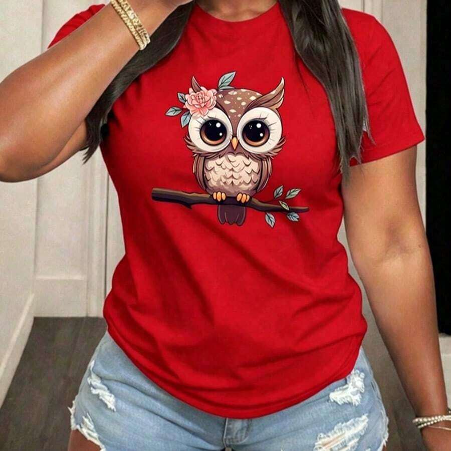 Comfortable Mother's Day T-Shirt, Women's T-Shirt With Owl And Pretty Flower Print For Leisure And Summer, Loose Versatile Short Sleeve T-Shirt For Women - 紅色的 - 查看 1
