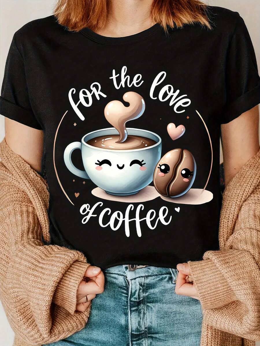 Divertidas camisetas con estampado de dibujos animados de café y granos de café, camisetas con letras impresas, nacidas de un amor por el café, camisetas para entusiastas del café, regalos para amantes del café
