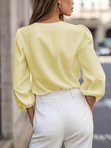 Blusa de mujer de unicolor con cuello en V y manga larga, elegante y esencial para el trayecto de primavera - Amarillo - Ver 3