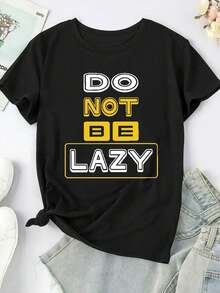Ropa de mujer de talla grande, camiseta casual estampada de talla grande - con la llamativa inscripción "No seas perezosa", top negro de manga corta para primavera/verano, lavable a máquina, cuello redondo, diseño geométrico. - Negro - Ver 1