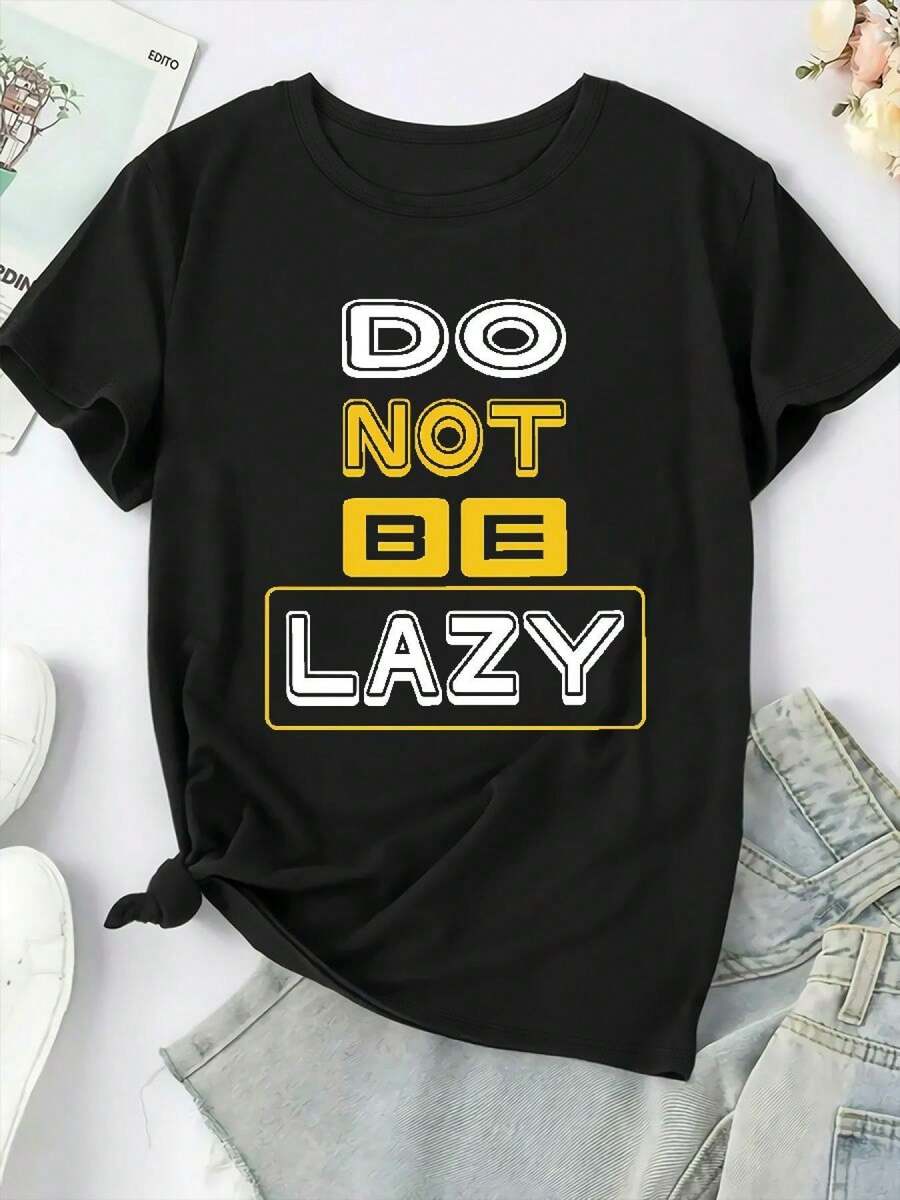 Ropa de mujer de talla grande, camiseta casual estampada de talla grande - con la llamativa inscripción "No seas perezosa", top negro de manga corta para primavera/verano, lavable a máquina, cuello redondo, diseño geométrico. - Negro - Ver 1