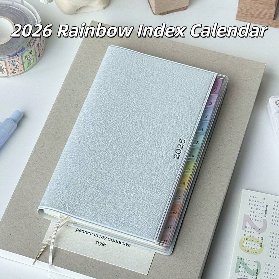 2026 Rainbow Index Leather Planner Notebook, High-Quality Monthly Weekly Planner, Work Notes Diary Journal - A6 - View 1