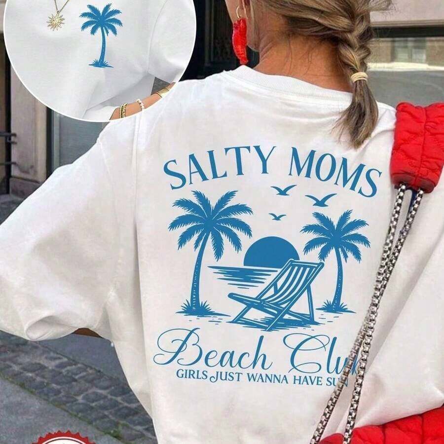 Pure Cotton T-Shirt With Salty Moms Club Beach Print, Palm Trees And Beach Chair, Retro Style For Women Who Love Summer, Beach Vacations, Casual Streetwear, Comfortable And Cool - 白色的 - 查看 1