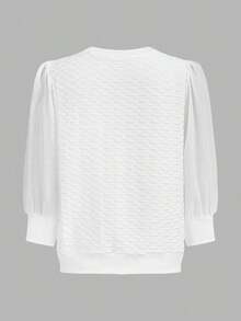 Blusa casual minimalista de mujer de unicolor con botones frontales, mangas largas y contraste de malla - Blanco - Ver 2