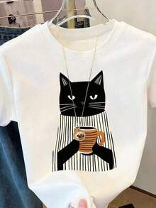 PremiumWomen's Cute Black Cat Print Round Neck Short Sleeve T-Shirt Top, High Stretch Regular Fit Tee For Streetwear Fashion Casual White - 白色 - 查看 4