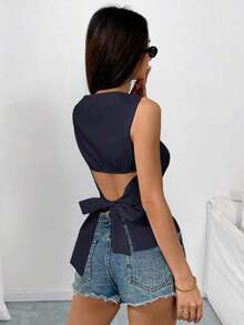Camisa tipo camisola ajustada sin mangas con espalda abierta y lazo, unicolor.Elegante, informal, sexy y minimalista para oficina y negocio.Primavera/Verano - Azul marino - Ver 2