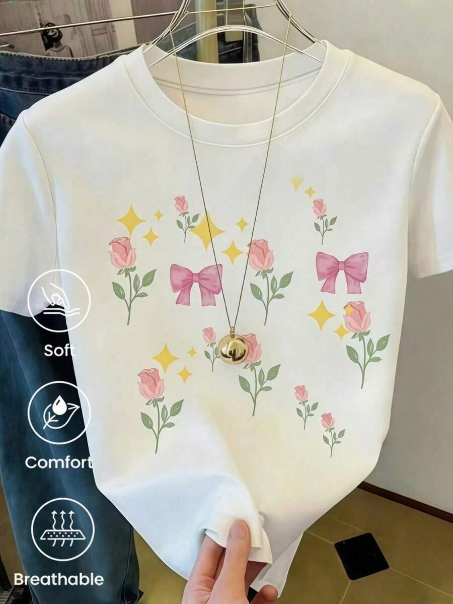 Soft, Fashionable Short-Sleeved T-Shirt For Spring And Summer, Made In Mexico, 200 Grams. Cartoon Print, Couple Design, Suitable For Indoor Or Outdoor Wear. Crew Neck, Unisex, Ideal For Office And Leisure. One-Piece Pack. Elegant Blouses For Ladies. - 白色 - 查看 1