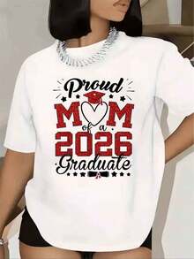 Women's T-Shirt Proud Mom Of A 2026 Graduate Graduation Cap Design With Heart Short Sleeve Round Neck Mother's Graduation Celebration T-Shirt 220g - 白色的 - 查看 5