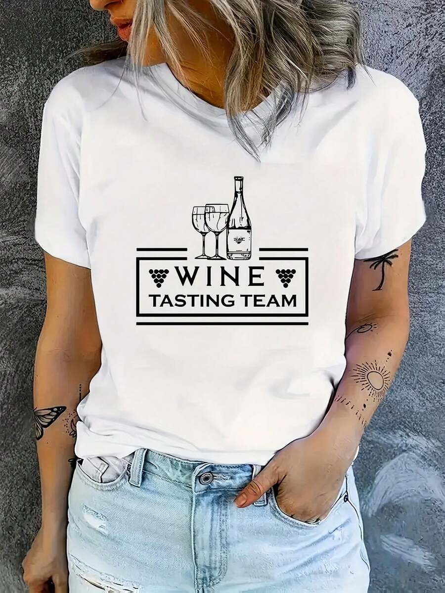 Women's Printed T-Shirt, Ideal For Wine Tasting Teams - Casual Short-Sleeved Round Neck Top For Summer, Breathable And Machine Washable, White T-Shirt Suitable For Social Events And Wine Gatherings, A Perfect Gift For Wine Lovers, A Fashionable Spring T-Shirt With A Fun Design, Cotton T-Shirt. - 白色 - 查看 1