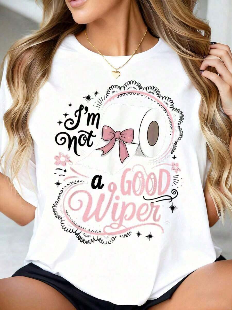 Women's Graphic T-Shirt With Toilet Paper Bow Design And The Phrase "I'm Not A Good Cleaner" - Funny Pink T-Shirt With Stars And Flowers Design, Perfect For Everyday Wear, Gifts Or Holiday Fun - 白色 - 查看 1