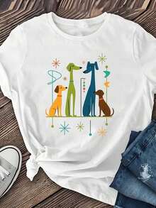 1 Piece Women's T-Shirt With Cartoon Dog Print - Casual Loose Fit, Short Sleeve, Round Neck, Medium Elasticity, Machine Washable, Casual Top For Women, Unique Design, Fashionable T-Shirt For Spring And Summer, 180g 100% Cotton. - 白色 - 查看 1