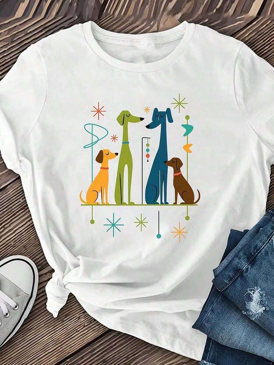 1 Piece Women's T-Shirt With Cartoon Dog Print - Casual Loose Fit, Short Sleeve, Round Neck, Medium Elasticity, Machine Washable, Casual Top For Women, Unique Design, Fashionable T-Shirt For Spring And Summer, 180g 100% Cotton. - 白色 - 查看 1
