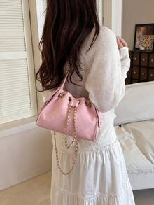 Rhombus Pattern Women's Large Capacity Shoulder Crossbody Drawstring Bucket Bag, Commuter Handbag - Pink - View 5