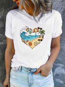 Women's Summer T-Shirt, Short Sleeve And Printed, Modern And Casual, Machine Washable, Comfortable Fit, 2D Flat Print. - White - View 9