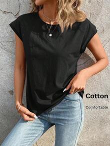Camiseta de cuello redondo sólida, casual para el verano - Negro - Ver 3