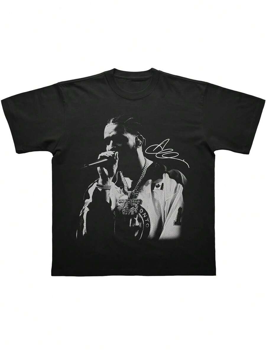 Rap Singer - Men'S Drake All The Dogs Graphic T-Shirt - Black &amp; White Hip Hop Rap Tee with Signature &amp; Chain Design, Geometric Print Casual Streetwear, Regular Fit Concert Merchandise - Noir - Voir 1