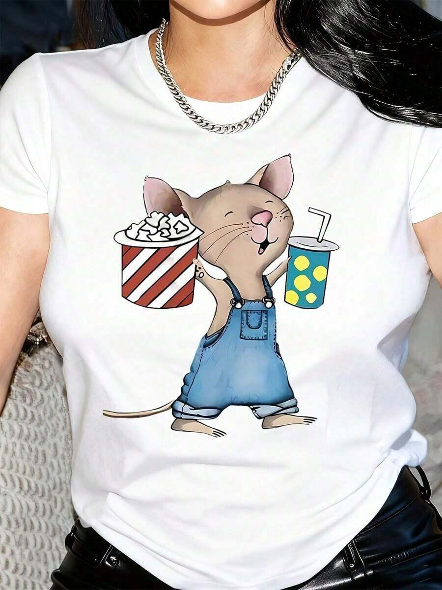 ropa de mujer Camiseta casual de cuello redondo para mujer con estampado de un lindo ratón de dibujos animados, manga corta, tela ligeramente elástica, para usar en todas las estaciones, camiseta gráfica divertida para el uso diario, ajuste cómodo, camisas de mujer - Blanco - Ver 1