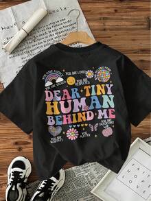 Camiseta con estampado gráfico, top casual de manga corta y cuello redondo para verano y primavera, ropa de mujer - Negro - Ver 3