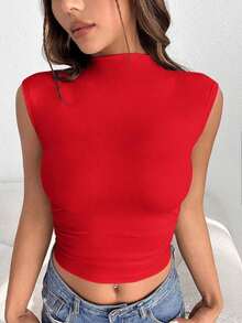 Chaleco Tejido De Color Sólido Para Mujer Con Cuello Alto - Rojo - Ver 5