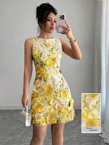 Vestido mini elegante de mujer con cuello redondo, sin mangas y con estampado floral ajustado - Amarillo - Ver 6