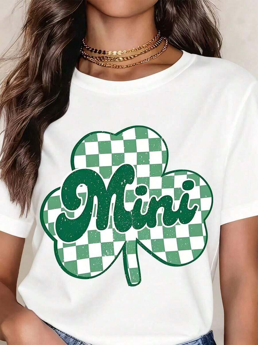 Camiseta de cuello redondo blanca con estampado mini de trébol a cuadros para el Día de San Patricio, ropa casual. - Blanco - Ver 1