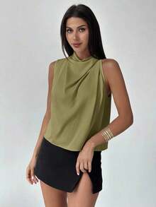 Camisa asimétrica plisada de color albaricoque, elegante y de moda, para uso diario en la oficina, de vacaciones o en festivales de música, para primavera/verano - Verde - Ver 4