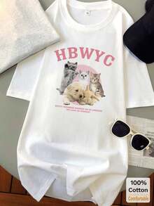 Casual Crew Neck T-Shirt. 100% Cotton. 1 Pack. Short-Sleeved, Mid-Length Cartoon-Print Cotton T-Shirt, Casual Top For Women, Summer White. Suitable For Summer. - 白色 - 查看 2