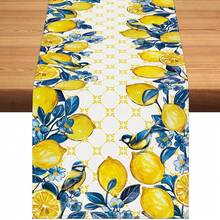 1pc Summer Lemon Bird Tablecloth, Blue Floral Coarse Linen Tablecloth, Geometric Pattern Seasonal Coffee Table Center Decor For Home, Kitchen, Dining Room, Party, Indoor & Outdoor - Blue - View 9