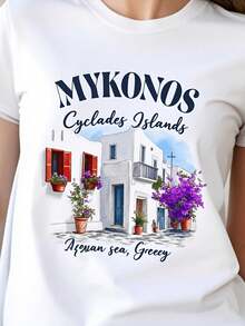 Women's Casual Summer T-Shirt With Round Neck And Greek Island Landscape Print, Regular Fit, Short Sleeve, For Travel And Everyday Wear. Casual Women's T-Shirt, Loose And Slightly Stretched Design. - 白色 - 查看 8