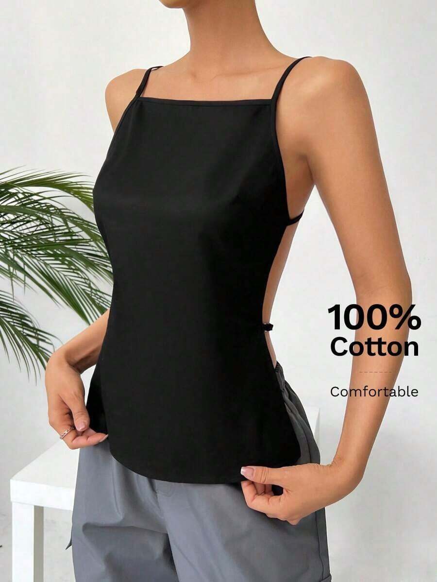 Sujetador De Tirantes Para Damas En Color Sólido Con Espalda Al Aire - Negro - Ver 1
