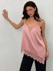 Top de tirantes de mujer con encaje y bajo asimétrico - Rosa vieja - Ver 3