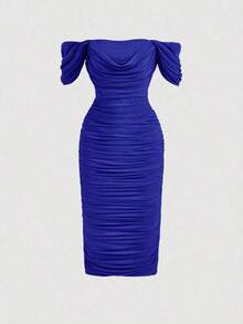 Vestido ajustado de hombros descubiertos fruncido - azul real - Ver 5