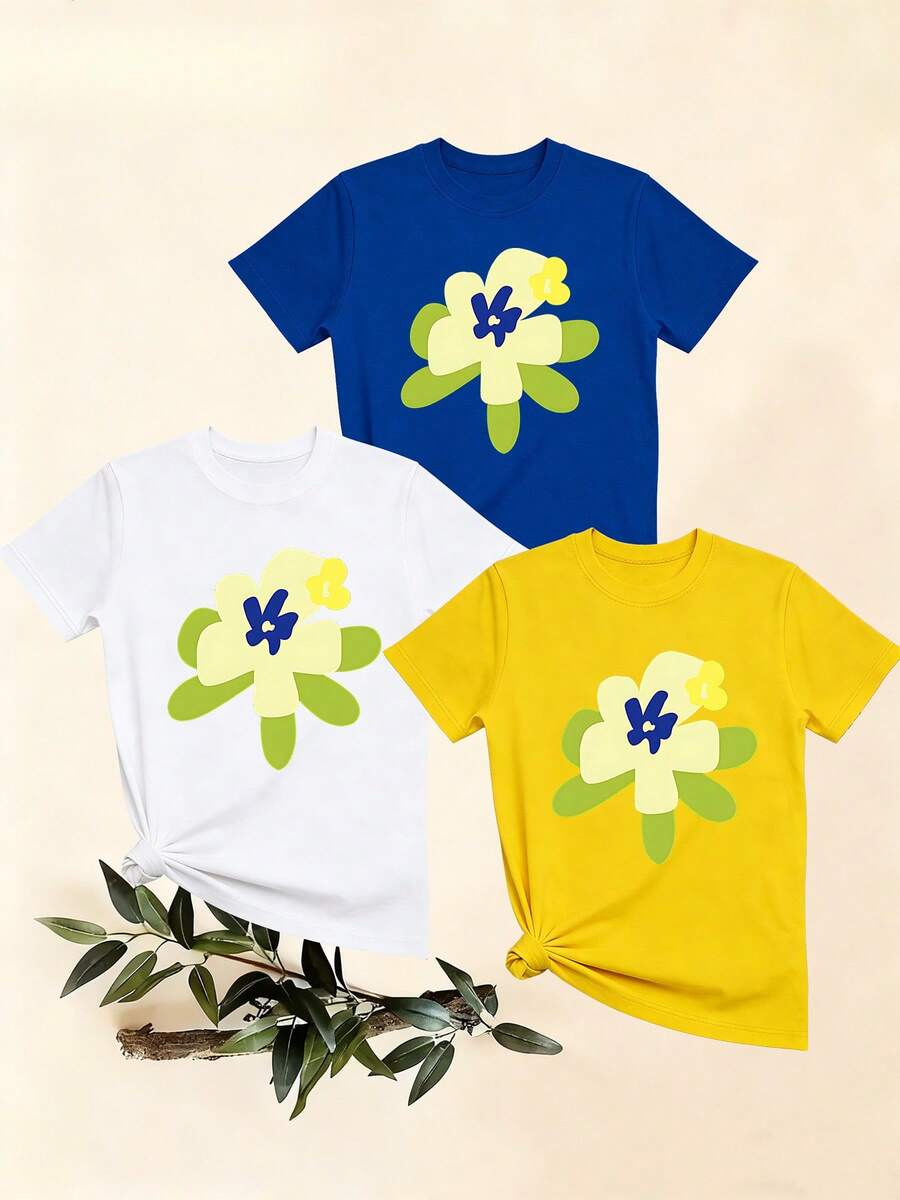 Women's T-Shirts, Women's T-Shirts, Casual One-Piece T-Shirt With Floral Print, Comfortable Cotton Top With Round Neck And Short Sleeves, Modern And Simple For Everyday Wear. - 1件白色隨機圖案 - 查看 1