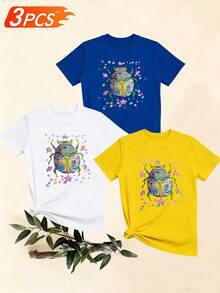 Women's T-Shirts, Women's T-Shirts, Casual One-Piece T-Shirt With Colorful Beetle And Star Print, Round Neck, Short Sleeve, Comfortable, Breathable, Loose Fit, Suitable For Daily Wear. - 1件白色隨機圖案 - 查看 6