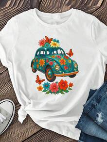 Women's Vintage Floral T-Shirt - Stretchy And Breathable Turquoise Print Top - Casual Spring/Summer/Autumn Wear, Machine Washable, Retro Design, Short Sleeve, Comfortable Fit, Ideal For Parties Or Everyday Wear, Seasonal Fashion - 白色 - 查看 1