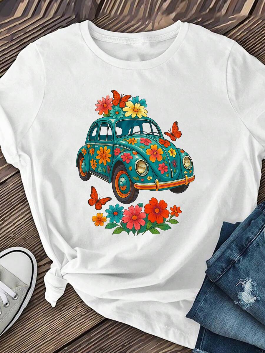 Women's Vintage Floral T-Shirt - Stretchy And Breathable Turquoise Print Top - Casual Spring/Summer/Autumn Wear, Machine Washable, Retro Design, Short Sleeve, Comfortable Fit, Ideal For Parties Or Everyday Wear, Seasonal Fashion - 白色 - 查看 1