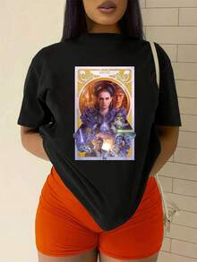 Artistic Illustration With Galactic Characters Surrounded By Mystical Lights And Golden Symbols That Evoke Strength And Inner Wisdom. Comfortable And Breathable Women's T-Shirt, Ideal For Everyday Wear And Showcasing Unique Style. - 黑色 - 查看 2