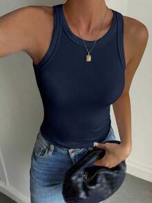 Blusa sin mangas para mujer, de unicolor elegante, adecuada para otoño e invierno - Azul marino - Ver 4