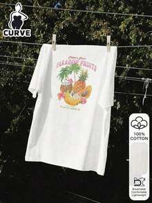 Mexican Basic Blusa de manga corta de 100% algodón con estampado de frutas y letras para mujer de talla grande, camiseta gráfica, tela suave, ropa de algodón, ropa para exteriores, estampado impreso, camiseta de verano para mujer, blusa, top de verano, atuendo de vacaciones, estilo de viaje, ambiente de playa, ropa de resort minimalista en blanco New Launch - Blanco - Ver 6