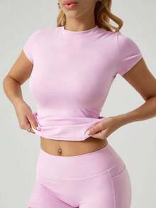1 pieza Camiseta deportiva de manga corta de ajuste ceñido y minimalista para mujer, ideal para el verano - Rosa 2 - Ver 9