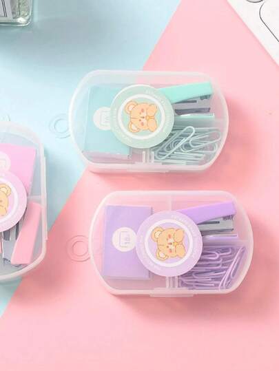1box Random Color Stapler With 200pcs Staples, 20pcs Paper Clips Portable Stapler Cute Staplers For Desk Swing-Line Cartoon Stationery School Supplies Small Office Purple Pink Green 28mm Clip 2-10Sheet Capacity Back To School