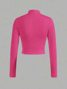 Chaqueta básica casual de ajuste ceñido con cremallera, cuello en V y manga larga para otoño/invierno - E - Rosa Fucsia - Ver 2