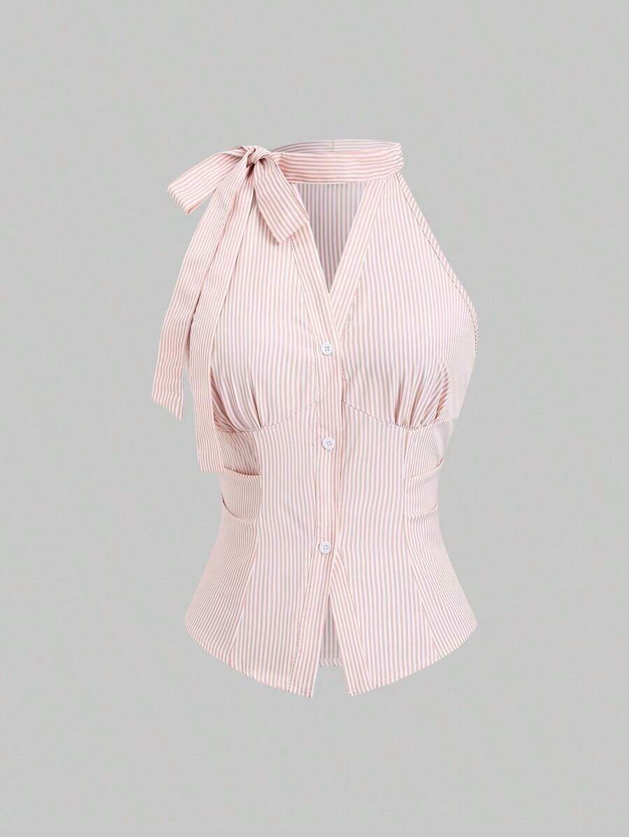 Blusa de mujer de nueva llegada sin mangas con lazo en la cintura y rayas ajustada - Rosado Sandía - Ver 1