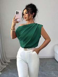 Blusa de unicolor con cuello asimétrico y plisado a la moda para mujeres - Verde Oscuro - Ver 9