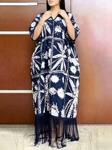 Spring Summer Autumn New Arrival V-Neck Loose Tassel Print Dress - Navy - View 2