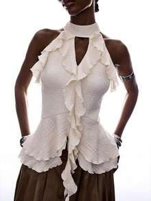 Elegant Solid Color Halter Top With Ruffles For Women - 貝斯 - 查看 11