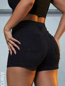 Plus Size Women's Mid Waist Medium Stretch Skinny Fit Denim Shorts, Curve Bodycon Jean Hot Pants - 黑色 - 查看 5