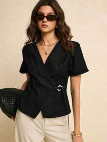 Blusa de mezclilla de uso diario versátil y casual con decoración metálica en escote en V para mujer - Negro - Ver 7